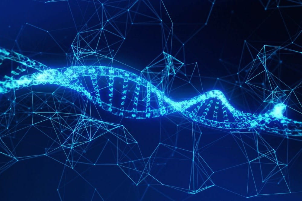 DNA, helix model medicine and network connection lines for technology concept on blue background, 3d illustration.