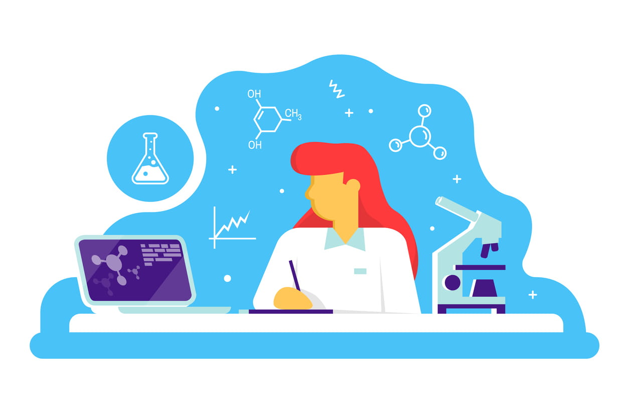 Scientific doctor woman working at science lab. Laboratory interior, with microscope and lab laptop. Vector. Scientific research concept in flat style.Work in medical chemical or biological lab.