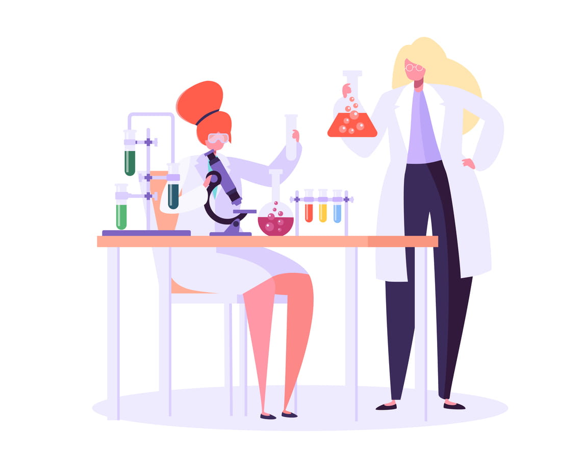 Scientist Characters Working in Chemistry Lab with Medical Equipment Microscope, Flask, Tube.
