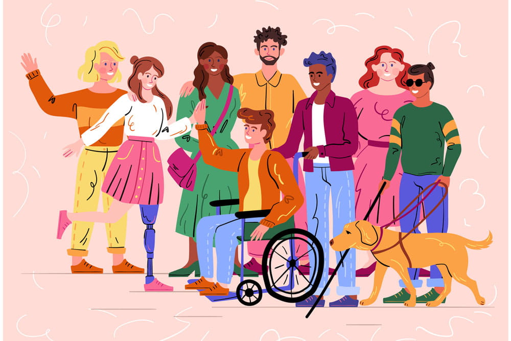 Group of diverse happy smiling disabled people and guide dog with an assortment of different handicaps on a pink background.