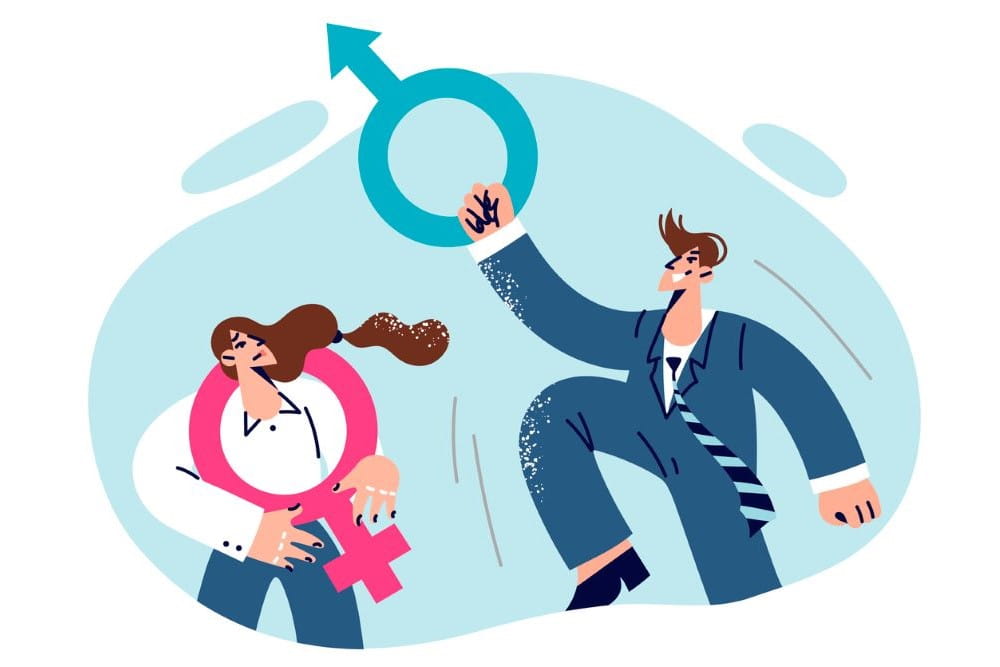 Problem of gender inequality causes discomfort in woman looking at man career success. Concept of feminism and struggle of girls against gender discrimination in employment and promotion