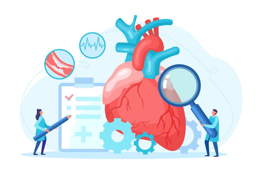 Heart health check up and tiny cardiology specialist with magnifying glass take care professional medical examination pulse cardiogram. Health care and disease diagnostic concept.
